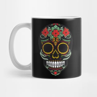 Sugar Skull Art - Black Skull Adorned with Bold Red Flowers Mug